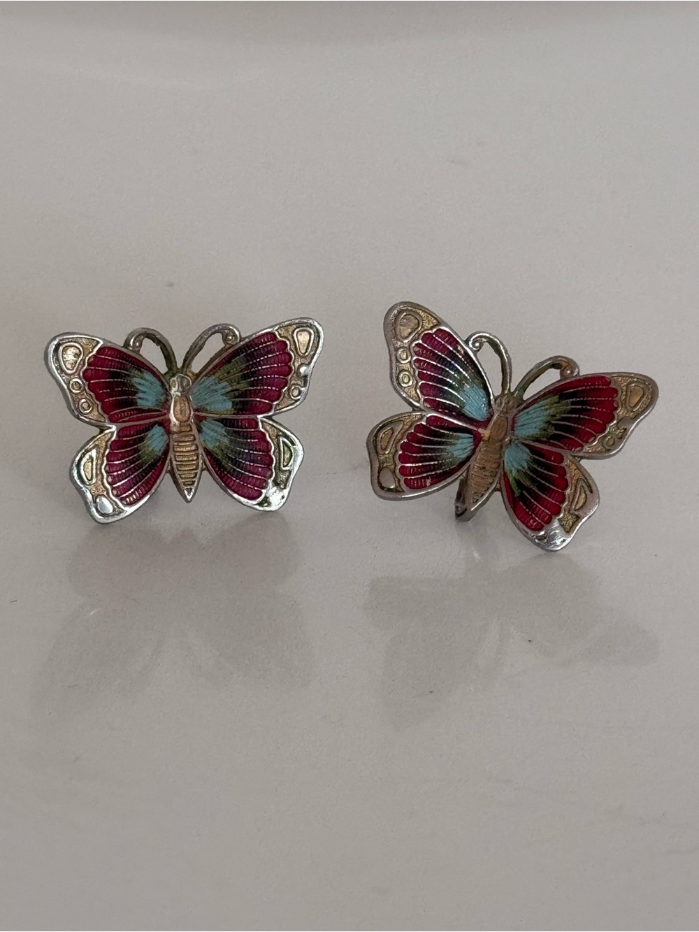 Vintage Cloisonné Enamel Butterfly Screw Back Earrings Silver Tone Colorful Boho